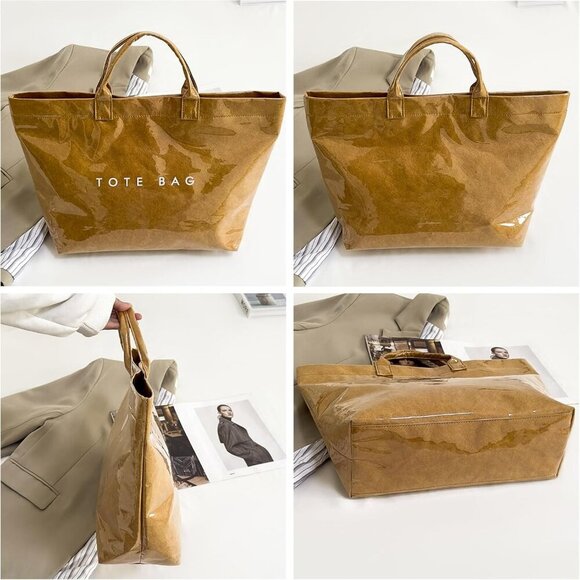 Women's Large PVC Tote Bag Letters Print Handbags Kraft Paper Shoulder Bag Clear - Picture 5 of 6
